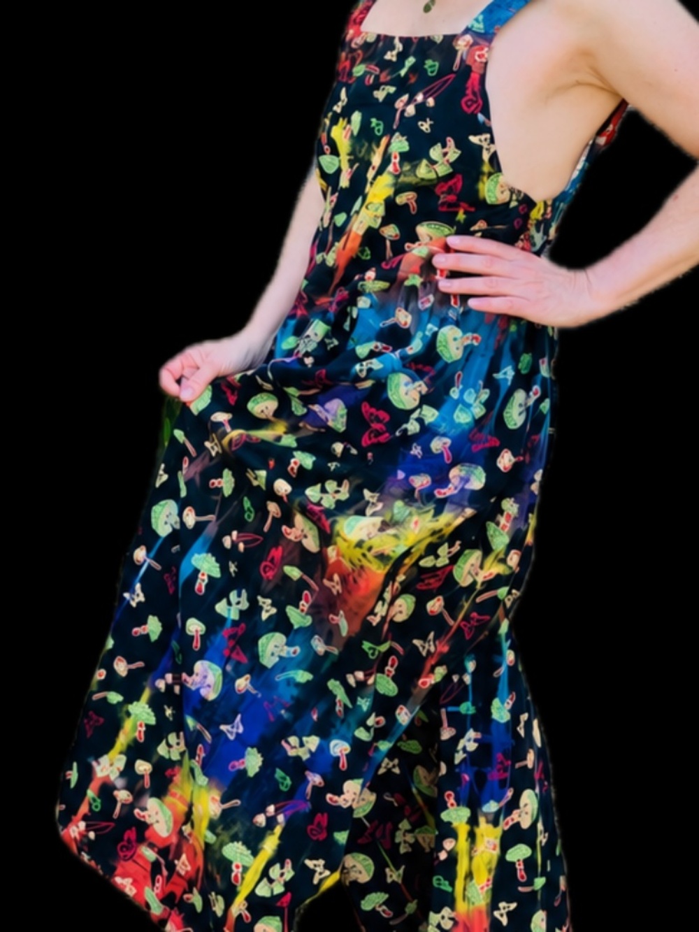 New Tie-Dye Mushroom Print Harem Overalls – Funky Wide-Leg Jumpsuit / Size M